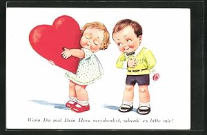 Ansichtskarte Wenn Du mal Dein Herz verschenkst., Kinderpaar mit Herz und Blume