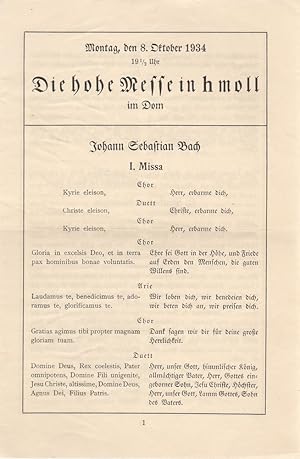 Seller image for Programmheft Johann Sebastian Bach DIE HOHE MESSE IN h MOLL 8. Oktober 1934 Bremer Dom for sale by Programmhefte24 Schauspiel und Musiktheater der letzten 150 Jahre