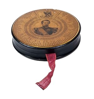 Bild des Verkufers fr Cylindrical black lacquered wooden box.Diameter 90 mm; height 21 mm. With a lacquered engraved portrait of Louis Napoleon mounted on the centre of the lid, below his coat-of-arms (an eagle facing to the viewer s right with the motto "Vox populi vox Dei" and the caption "L lu du peuple") and above the total number of votes (7,481,231) cast for him on 21 December 1851; the portrait is surrounded by the names of all the French Departments (Ain, Aisne Yonne), the colonies and the army, each with the exact number of votes for and against him. With a red ribbon to open the box. zum Verkauf von ASHER Rare Books