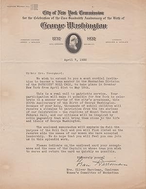 [Typed Letter Signed] Grace Harriman Recruits for Manhattan's Patriot's Roll Call, to Celebrate t...