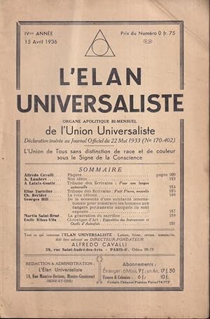 Bild des Verkufers fr L'lan Universaliste - organe apolitique bi-mensuel de l'Union Universaliste - IVme anne - 15 Avril 1936. zum Verkauf von PRISCA