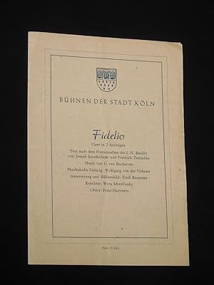 Image du vendeur pour Programmzettel Bhnen der Stadt Kln 1948/ 49. FIDELIO nach Bouilly von Sonnleithner/ Treitschke, Beethoven (Musik). Musikal. Ltg.: Wolfgang von der Nahmer, Insz./ Bhnenbild: Erich Bormann, Kostme: Wera Schawlinsky. Mit Anton Germann, Peter Nohl, Reinhard Engels, Walburga Wegner, Gerhard Grschel, Else Veith, Karl Schiebener, Anton Hlsmann, Willi Nelles mis en vente par Fast alles Theater! Antiquariat fr die darstellenden Knste