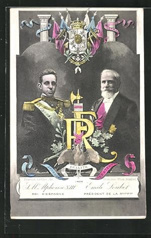 Postal S.M. Alphonse XIII. und Emile Loubet von Spanien mit Wappen