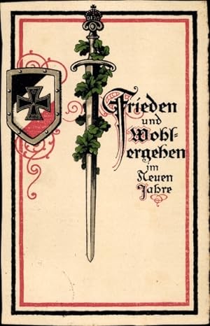 Ansichtskarte / Postkarte Neujahr, WK I, Propaganda, Schwert mit Eichenlaub, Wappen
