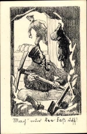 Künstler Ansichtskarte / Postkarte R. Blumenschein, WK I, Soldat mit Pfeife, Spitzhake und Schaufel