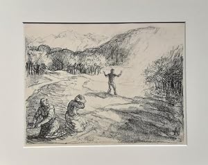Bild des Verkufers fr Landleute vom Regen berrascht. - (Lithographie / 1918) zum Verkauf von BuchKunst-Usedom / Kunsthalle