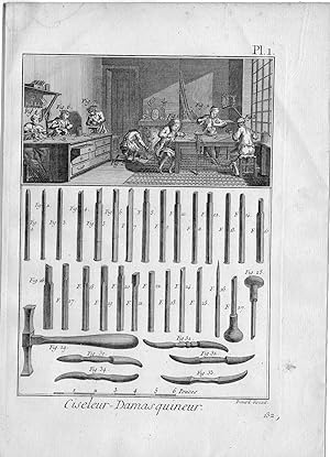 Bild des Verkufers fr 2 Antique Prints-CISELEUR-DAMASQUINEUR-METAL-ENGRAVING-Diderot-Benard-c. 1750 zum Verkauf von Pictura Prints, Art & Books