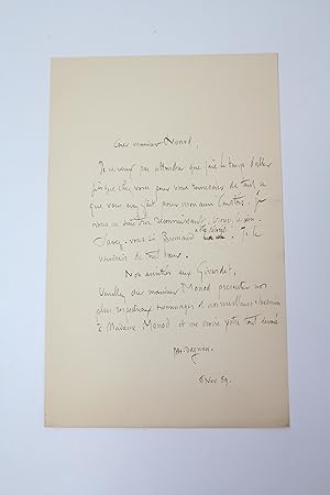 Lettre autographe signée au peintre Lucien Hector Monod "pour tout ce que vous avez fait pour mon...