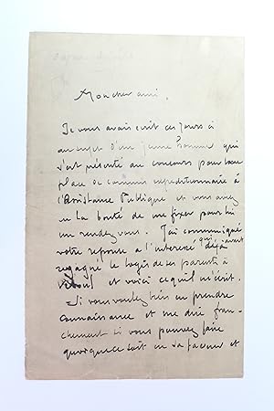 Lettre autographe signée au peintre Lucien Hector Monod : "il est terrible de faire espérer aux g...