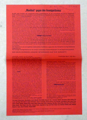 Imagen del vendedor de Manifest gegen den Avantgardismus. a la venta por antiquariat peter petrej - Bibliopolium AG