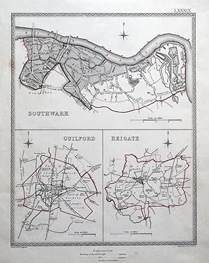 Antique Map SOUTHWARK, LONDON, GUILDFORD, REIGATE, SURREY Town Plans, Lewis 1835