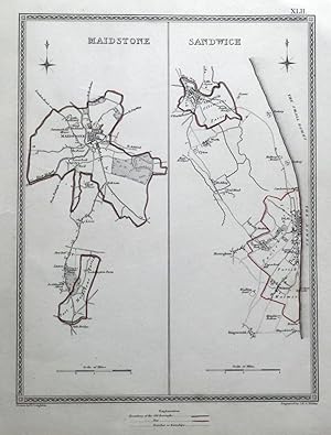 Antique Map MAIDSTONE, SANDWICH, DEAL, Kent Town Plans, Lewis 1835