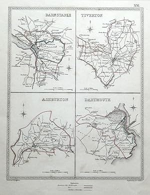 Antique Map BARNSTAPLE,TIVERTON, ASHBURTON,DARTMOUTH, Devon Town Plans, Lewis 1835