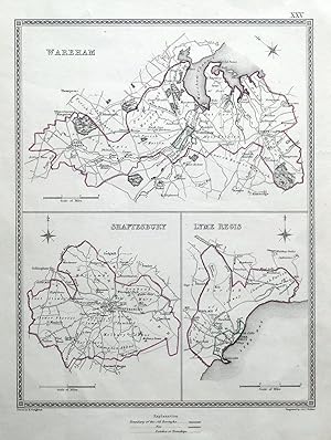 Antique Map WAREHAM, SHAFTESBURY, LYME REGIS, Dorset Town Plans, S.Lewis 1835