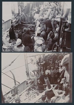 2 Fotografien 1.WK, Kriegsschiff S.M.S. Arcona, Matrosen mit Mützenband bei Äquatortaufe