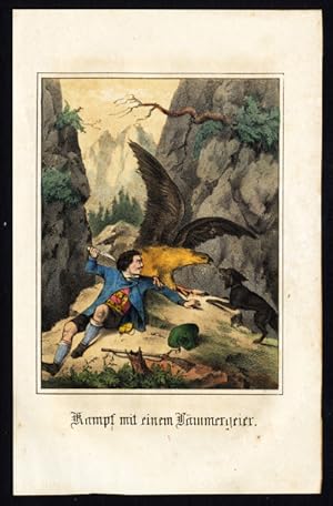 Antique Print-BATTLE WITH A BEARDED VULTURE-DOG-RIFLE-SWITZERLAND-Fritsche-1850