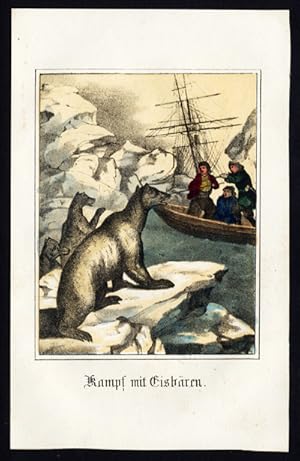 Antique Print-BATTLE WITH POLAR BEAR-BARENTZ-HEEMSKERK-NOVA ZEMBLA-Fritsche-1850