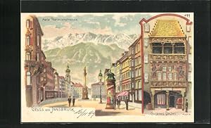 Lithographie Innsbruck, Maria-Theresien-Strasse mit Gasthaus Goldenes Dachel