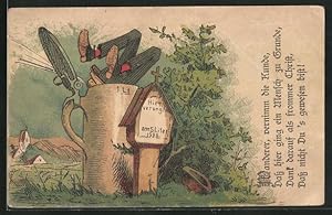 Vorläufer-Lithographie Wanderer ertrinkt in einem riesigen Bierkrug, 1890