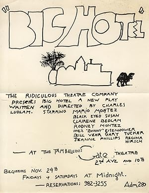 BIG HOTEL: A FARCE (1968) Flyer for Charles Ludlam stage production