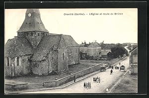 Carte postale Chevillé, L`Eglise et route Brûlon