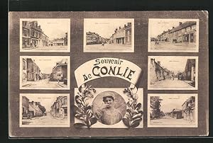 Carte postale Conlie, Grande Rue, Rue de l'Eglise, Entrée par la Gare