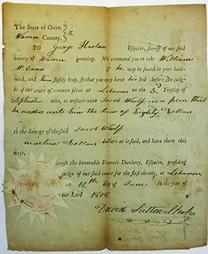 EARLY PRINTED OHIO SUMMONS:, COMPLETED IN NEAT INK MANUSCRIPT "THE STATE OF OHIO, WARREN COUNTY/....