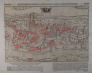 Bild des Verkufers fr Die statt Eger vor dem Behemer wald gelegen / contrafhetet nach ietziger gelegenheit. Teilkolorierter Holzschnitt von Kasper Hofreuter aus Sebastian Mnster "Cosmographey. Oder beschreibung aller Lnder". Basel um 1580, 22,5 x 34 cm (31 x 39,5 cm Blattgr.) zum Verkauf von Antiquariat Johannes Mller