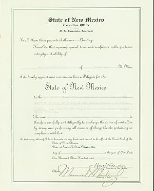 State of New Mexico Executive Office O. A. Larrazola, Governor,.appoint and commission.a Delegate...