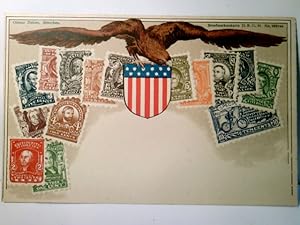 Briefmarkenkarte. United States of America. Alte, schöne AK / Lithographie farbig, ungel. Adler, ...