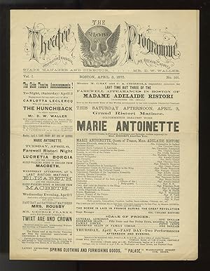 Image du vendeur pour Program for The Globe Theatre featuring Ristori in a performance of Paolo Giacometti's Marie Antoinette mis en vente par J & J LUBRANO MUSIC ANTIQUARIANS LLC