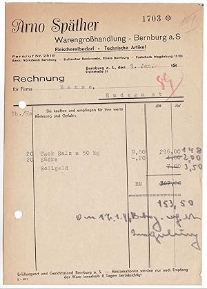 Rechnung Arno Späther, Warengroßhandlung, Bernburg a. S., 1945+1946 (identischer Briefkopf)