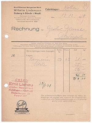 Rechnung Westfälisches Margarine-Werk Wilhelm Lindemann, Doberg bei Bünde in Westfalen, Fabriklag...