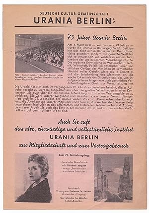 Deutsche Kultur-Gemeinschaft Urania Berlin eV ruft auf zur Mitgliedschaft und zum Vortragsbesuch....