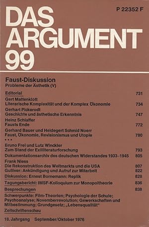 Bild des Verkufers fr Das ARGUMENT 99 - Faust-Diskussion Probleme der sthetik (V) Zeitschrift fr Philosophie und Sozialwissenschaften 18. Jahrgang September/Oktober 1976 zum Verkauf von Versandantiquariat Nussbaum