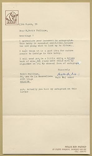 Seller image for Mulk Raj Anand (1905-2004) - Rare signed letter - 1998 for sale by PhP Autographs