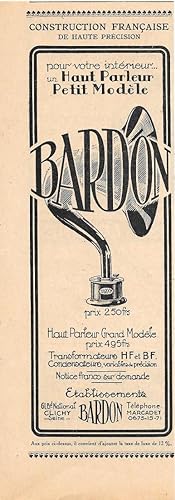 Seller image for Haut parleur petit modele Bardon. Pubblicita 1926 for sale by libreria biblos