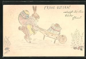 Künstler-Ansichtskarte Handgemalt: Osterhase mit Schubkarre, Ostergruss