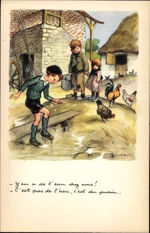 Künstler Ansichtskarte / Postkarte Poulbot, Kinder, Dorfbild, Hühner, Bauernhof, Ligue nationale ...