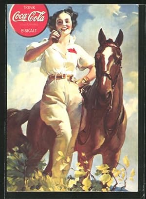 Ansichtskarte Reklame für Coca-Cola, Art Deco, Dame mit Cola-Flasche und Pferd