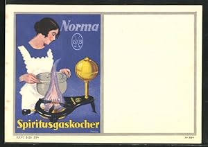 Ansichtskarte Reklame für Norma Spiritusgaskocher, Art Deco, Hausfrau stellt Topf auf den Gaskocher