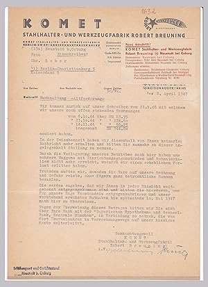 Rechnung / Altforderung - Komet Werkzeuge Robert Breuning, Neustadt Coburg, 1947, Stahl