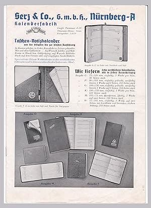 Bild des Verkufers fr Prospekt Serz & Co. Nrnberg, Kalenderfabrik 1937 - Taschenkalender, Blcke, Katalog zum Verkauf von GAENSAN Versandantiquariat