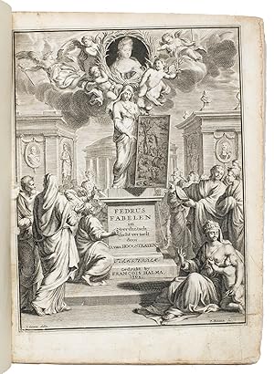 Seller image for Ezopische Fabelen van Fedrus, gevryden slaef des Keizers Augustus. In Nederduitsch dicht vertaelt en met aenmerkingen verrykt door D. van Hoogstraten.Amsterdam, Franois Halma, 1704. 4to. With an engraved frontispiece, 106 engraved illustrations in a roundel, a large armorial headpiece for the dedication and 5 large and 4 smaller head- and tailpieces, 9 engraved initials and many woodcut initials. Contemporary vellum, manuscript title on spine. for sale by ASHER Rare Books