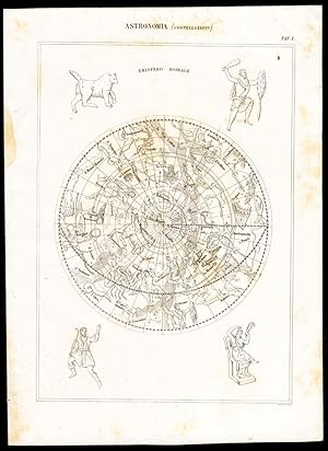 2 Antique Prints-ASTRONOMY-CELESTIAL HEMISPHERE-ZODIAC-Nuova Enciclopedia-1866