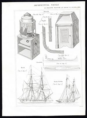 Antique Print-NAVAL ARCHITECTURE-SHIP-BRIG-GONDOLA-Nuova Enciclopedia-1866