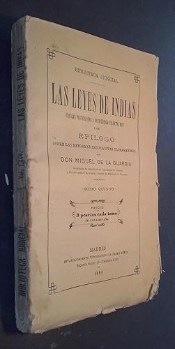 Immagine del venditore per Las leyes de Indias con las posteriores a este cdigo vigentes hoy y un eplogo sobre las reformas legislativas ultramarinas. Tomo quinto venduto da Librera La Candela