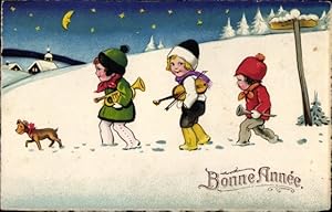 Bild des Verkufers fr Mondschein Ansichtskarte / Postkarte Glckwunsch Neujahr, Kleine Musiker und ein Hund zum Verkauf von akpool GmbH