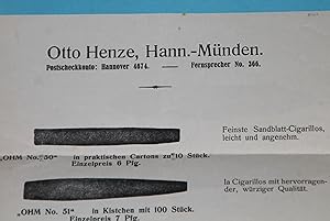 Werbeblatt Otto Henze Zigarren - Hann. Münden - Rar ! - vermutlich 30er Jahre