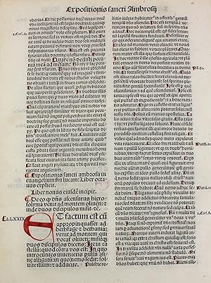 Bild des Verkufers fr Saint Ambrosius - 'Opera' incunable leaf, 1492. A finely printed and hand decorated leaf from the "Works of St. Ambrosius". zum Verkauf von Littera Scripta